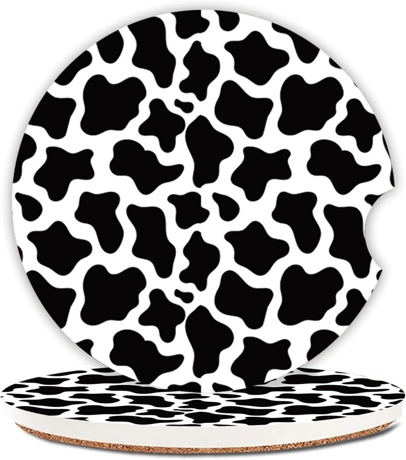 Adastrah Cute Cow Print Animal Themed Black and White Ceramic Cup Holders Car Coasters Set for Women/Men,Drink Cup Car Holder Coasters with A Finger Notch 2.56" Pack of 2 - Image 1